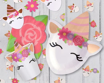 Party Tableware Pack Unicorn Premium For 8 Guests Includes Plates, Cups, Napkins, Banner, Latex Balloons and Confetti