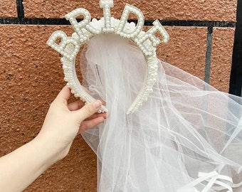 Bride crown/ Bride headband with veil/ Bride to be crown/ bride hat/ pearl bride / bride to be headpiece/ bride to be hat/ bride to be gift