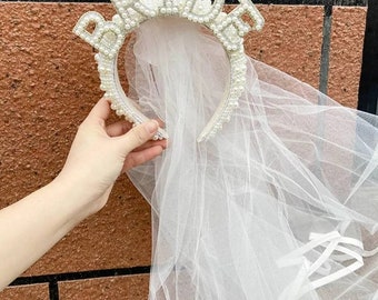 Bride crown/ Bride headband with veil/ Bride to be crown/ bride hat/ pearl bride / bride to be headpiece/ bride to be hat/ bride to be gift