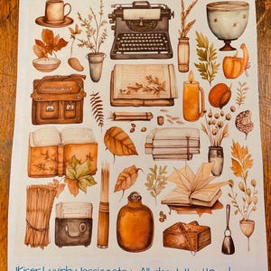 May include: A sticker sheet titled Vintage Antique Planner Stickers featuring illustrations of a typewriter, open books, a satchel, a candle, a glass bottle, dried plants, leaves, and a cup. The bottom text reads JKiser.LuvinbyJessica.etsy All about the HOme!