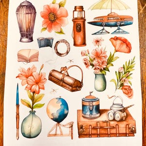 May include: A sheet of Vintage Antique Planner Stickers featuring watercolor illustrations of a birdcage, flowers, a lantern, a vintage aircraft, a book, a globe, a suitcase, and a vase. The text reads Vintage Antique Planner Stickers and JKiser.LuvinbyJessica.etsy All about the HOme!