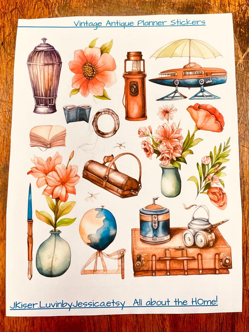 May include: A sheet of Vintage Antique Planner Stickers featuring watercolor illustrations of a birdcage, flowers, a lantern, a vintage aircraft, a book, a globe, a suitcase, and a vase. The text reads Vintage Antique Planner Stickers and JKiser.LuvinbyJessica.etsy All about the HOme!