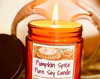 Pumpkin Spice Soy Candle: Handmade Fall Home Decor, 8 oz Amber Glass