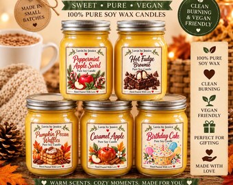 May include: A collection of five glass jar soy candles labeled Luvin by Jessica with scents including Peppermint Apple Swirl, Hot Fudge Brownie, Pumpkin Pecan Waffles, Caramel Apple, and Birthday Cake, featuring text about small batches and vegan wax.