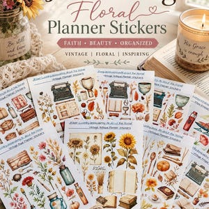 May include: Multiple sheets of planner stickers featuring watercolor illustrations of vintage items like typewriters, books, sunflowers, and jars. The text on the sheets reads Bible Journaling Floral Planner Stickers, Faith, Beauty, Organized, Vintage, Floral, Inspiring.