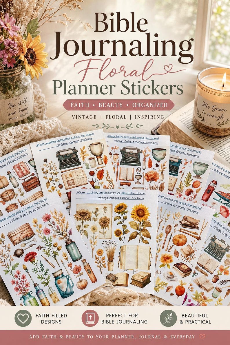May include: Multiple sheets of planner stickers featuring watercolor illustrations of vintage items like typewriters, books, sunflowers, and jars. The text on the sheets reads Bible Journaling Floral Planner Stickers, Faith, Beauty, Organized, Vintage, Floral, Inspiring.