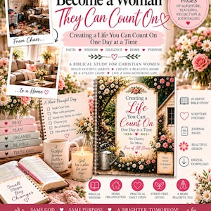 May include: A digital download product titled Become a Woman They Can Count On, featuring 75 pages of scripture, teaching, and journaling. The cover displays a garden scene with text, surrounded by a Bible, a mug, a candle, and floral accents.