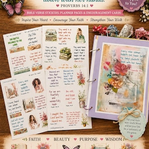 May include: A collection of Bible verse stickers, planner pages, and encouragement cards featuring floral and vintage illustrations. The set includes various religious quotes, watercolor designs, and a binder with a Proverbs 14:1 cover page.