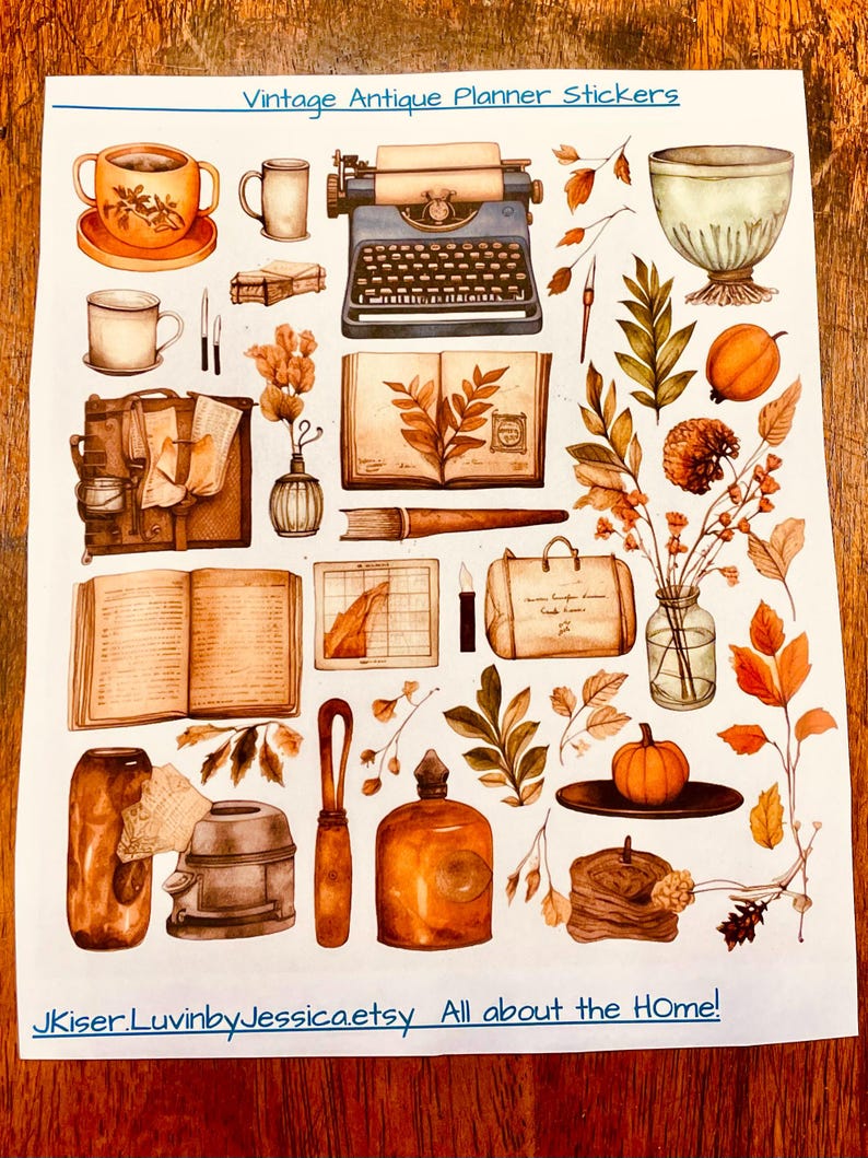 May include: A sticker sheet titled Vintage Antique Planner Stickers featuring illustrations of a typewriter, open books, mugs, pumpkins, autumn leaves, a glass vase, and a suitcase. The bottom text reads JKiser.LuvinbyJessica.etsy All about the HOme!