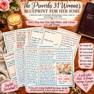 Könnte beinhalten: Eine Sammlung gedruckter Karten mit dem Titel The Proverbs 31 Woman's Blueprint for Her Home, die biblische Anleitungen, Schriftstellen und inspirierende Texte enthalten. Das Set umfasst mehrere Seiten mit Überschriften, Listen und floralen Akzenten.
