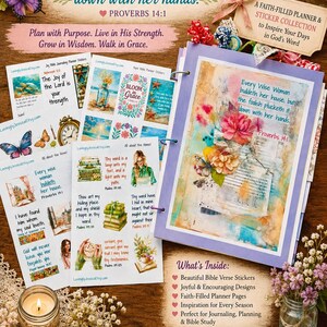 May include: A faith-filled planner and sticker collection featuring floral and butterfly illustrations. The set includes pages with Proverbs 14:1 and 31:26, various Bible verse stickers, and inspirational text. The planner has a purple binder.