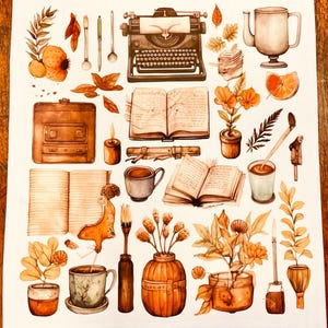 May include: A sheet of planner stickers featuring vintage-themed illustrations in warm orange and brown tones, including a typewriter, open books, potted plants, mugs, and candles. The text reads Vintage Antique Planner Stickers and JKiser.LuvinbyJessica.etsy All about the HOme!