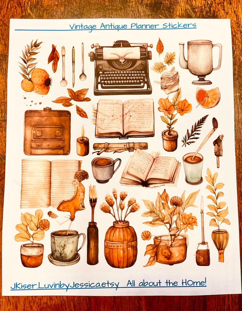 May include: A sheet of planner stickers featuring vintage-themed illustrations in warm orange and brown tones, including a typewriter, open books, potted plants, mugs, and candles. The text reads Vintage Antique Planner Stickers and JKiser.LuvinbyJessica.etsy All about the HOme!