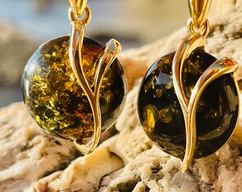 Green amber earrings, Gold amber earrings,Baltic amber earrings, Drop earrings