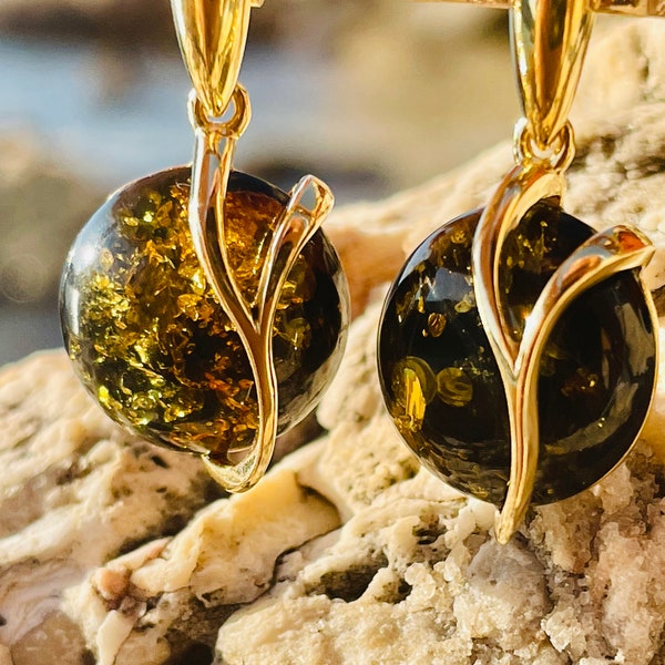 Green amber earrings, Gold amber earrings,Baltic amber earrings, Drop earrings