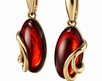 Red Baltic Amber Earrings, 24K Gold Plated Sterling Silver, Handmade