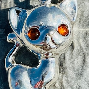 Amber pendant , Silver cat with amber eyes, Silver cat pendant, Cat pendant, Amber cat pendant