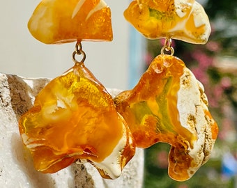 Rare landscape amber Earrings, White amber earrings, Raw baltic amber earrings, Long amber earrings