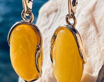 White Baltic Amber Earrings: 24K Gold Plated Sterling Silver