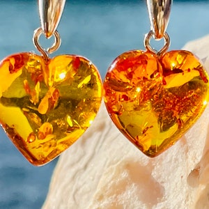 Cognac Amber Heart Earrings, Amber Heart Earrings, Honey Amber Earrings , Silver Heart Earrings for Her, Amber earrings
