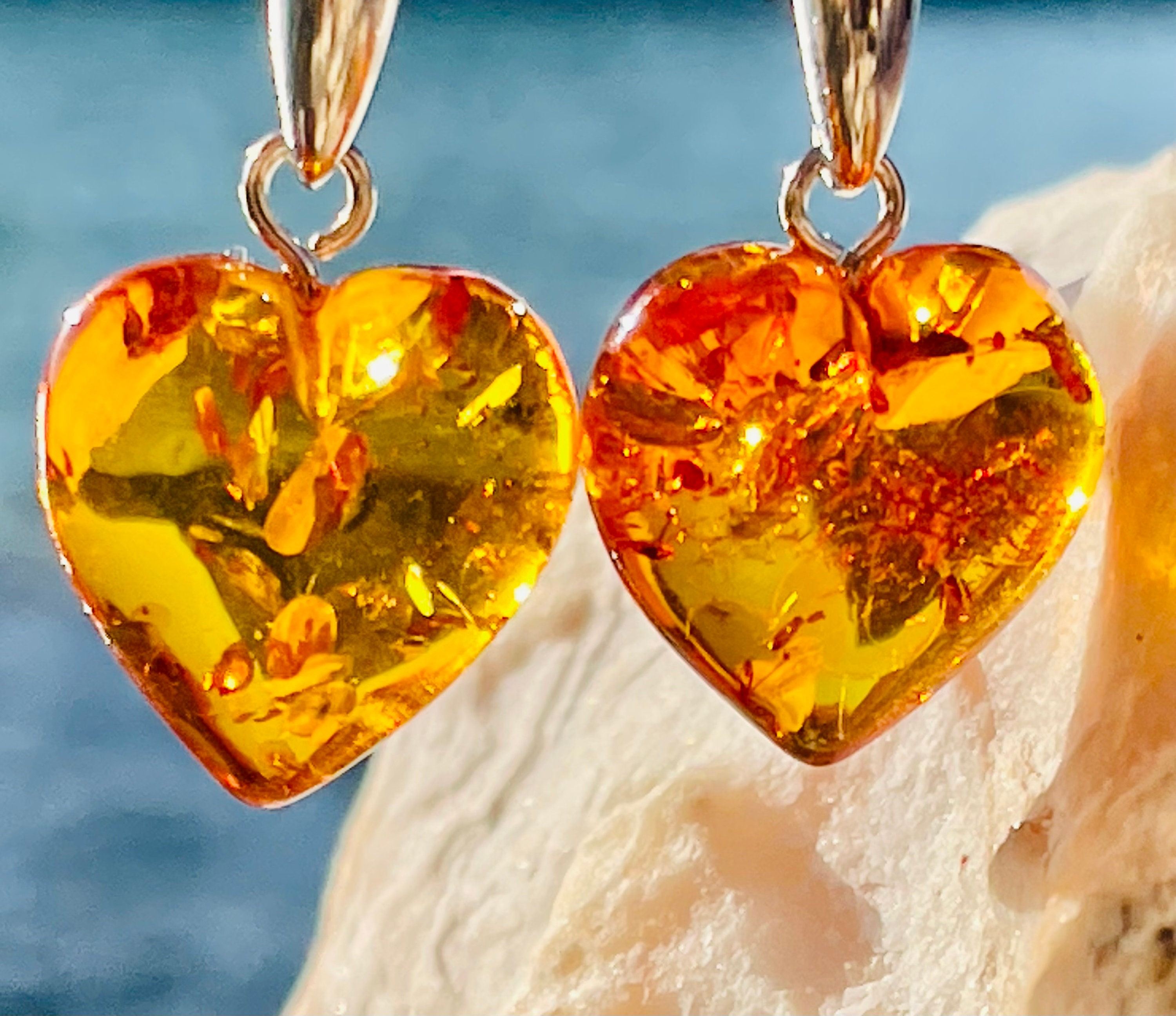 Cognac Amber Heart Earrings, Amber Heart Earrings, Honey Amber Earrings , Silver Heart Earrings for Her, Amber earrings