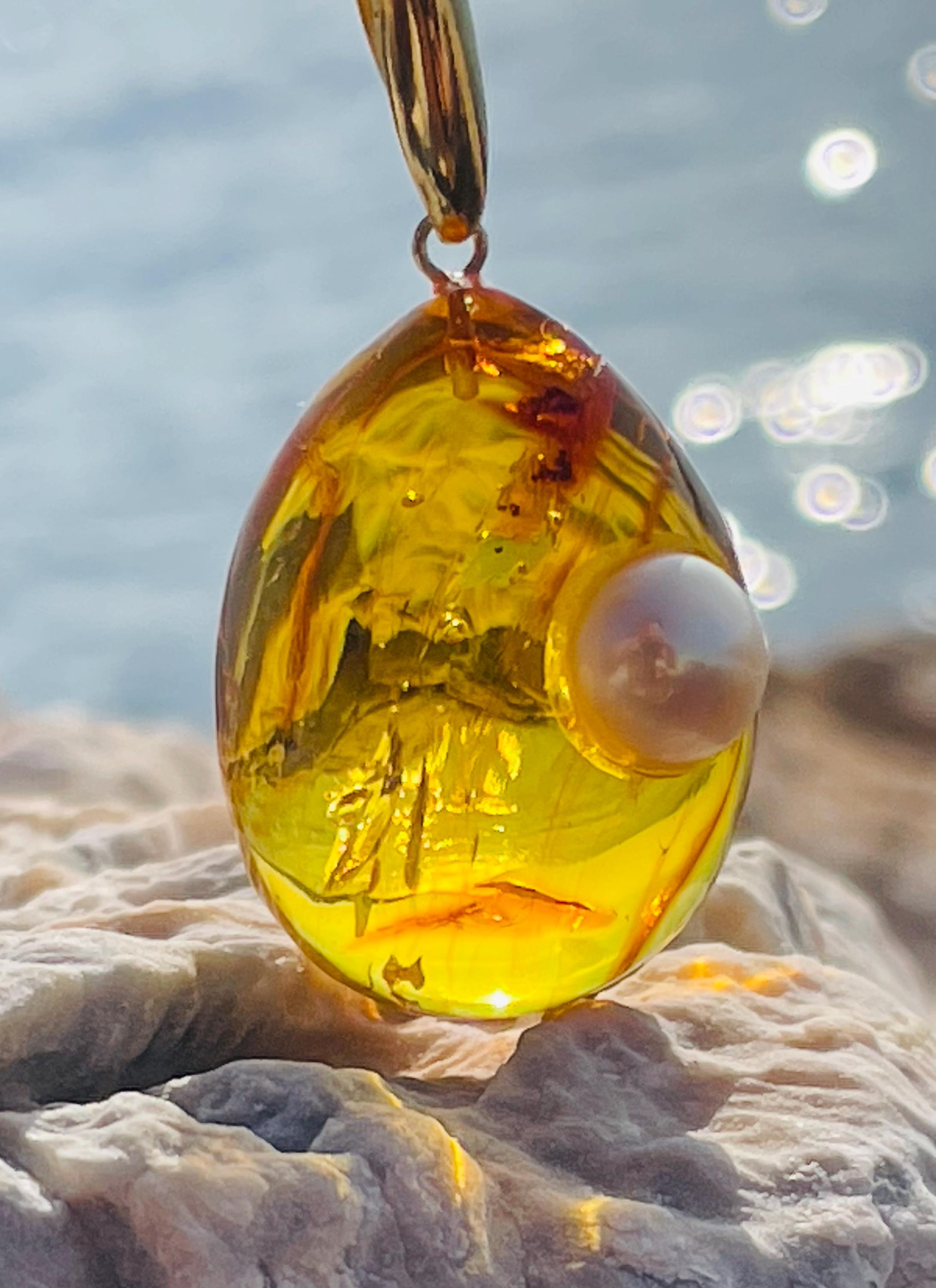 Natural Amber Pendant With Fossil Inclusions Unique Amber Pendant Amber With Fossil Bubbles Fantastic Amber Pendant With Pearls Etsy