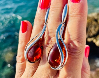 Cognac Amber Earrings, Elegant Silver Earrings with Cognac Amber,Natural baltic amber, Long amber earrings