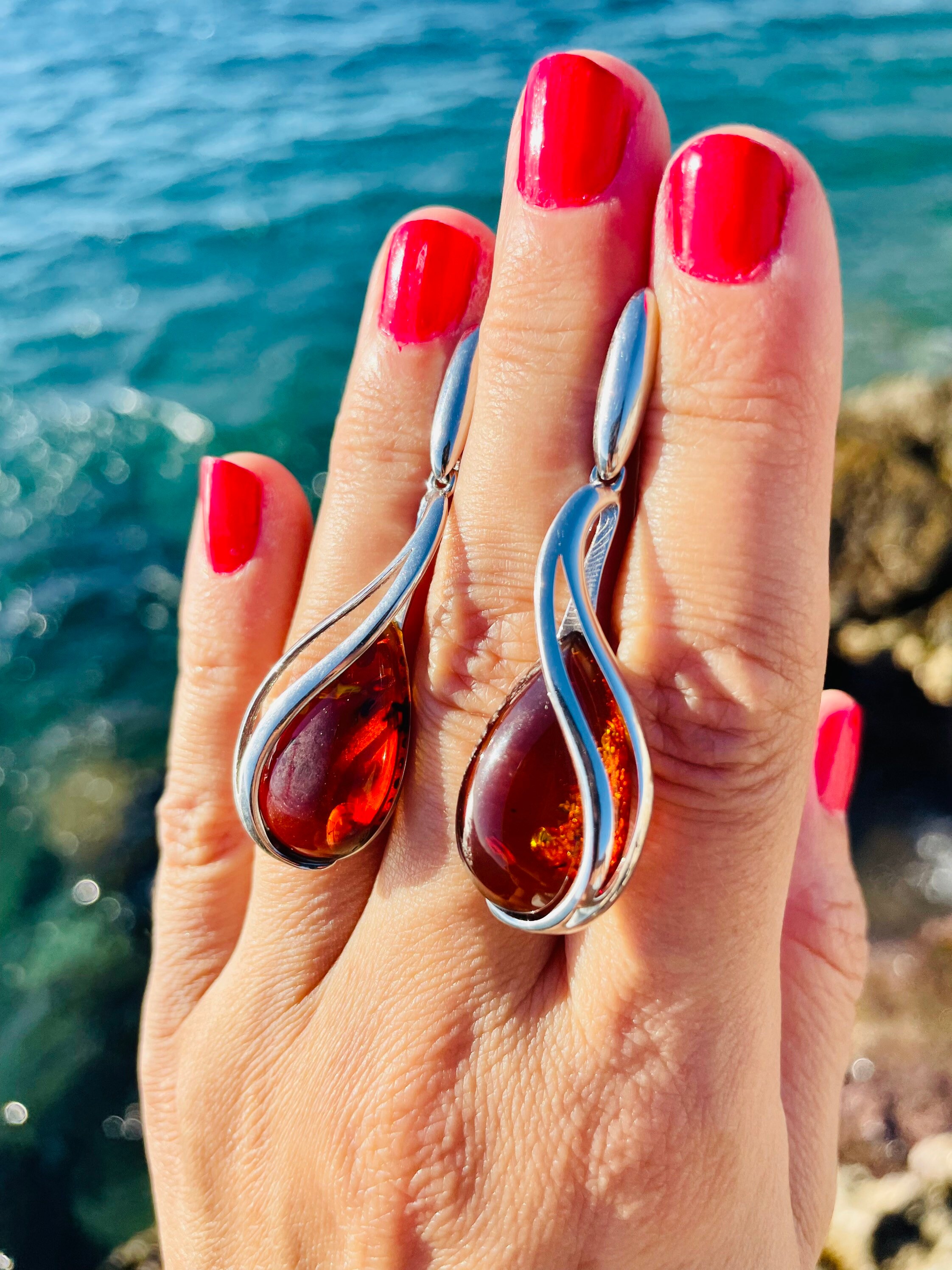 Boucles D'oreilles Femme En Ambre Cognac Baltique - Argent Sterling, Sans Emballage