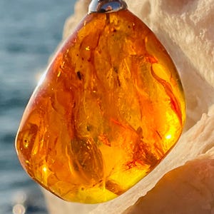 Handmade Amber Pendant: Fossil Flies & Black Pearls