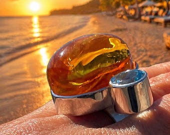 Hedendaagse barnsteenring met blauwe topaas, handgemaakte 925 zilveren statementring, moderne barnsteenring, verstelbaar