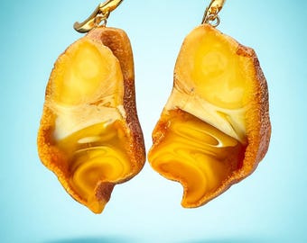 White Baltic Amber Earrings: 24K Gold Plated Sterling Silver, Long Dangle