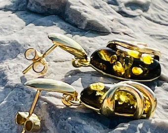 Sparkling Green Amber Earrings, Cute Amber Earrings , Green Amber Earrings, Gold Amber earrings
