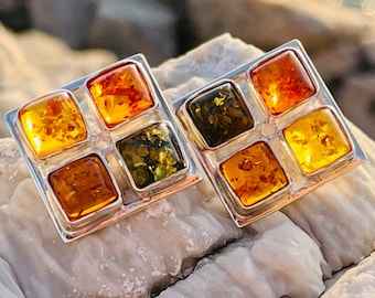 Multicolour amber earrings , Green amber earrings, Square amber earrings,Baltic amber earrings, Amber earrings, Large square amber earrings