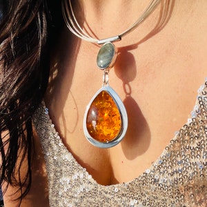Contemporary amber pendant with Labradorite, Unique amber pendant, Handmade pendant from Baltic amber and Labradorite, Large amber pendant