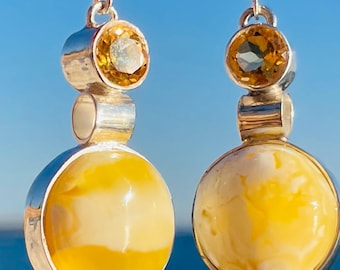 Baltic amber and citrine earrings – silver handmade jewelry, exclusive one of a kind design