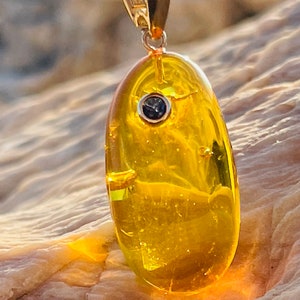 Honey Amber Pendant: Natural Baltic Amber, Sterling Silver, Blue Zircon