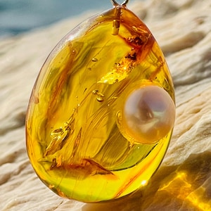 Pendentif en ambre de la Baltique : éléments fossiles, perle d&#39;eau douce, plaqué or 24 carats