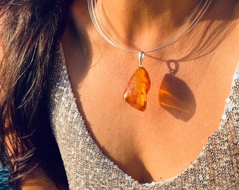 Natural Honey Baltic Amber Pendant, 24K Gold Plated Sterling Silver