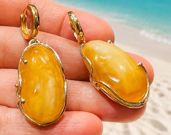 Gold Amber Earrings, Large amber earrings, Natural white amber