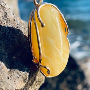 Amazing Landscape Amber Pendant , Natural White Amber Pendant, 24K Gold and Sterling Silver , Amber for Woman, Handmade amber pendant