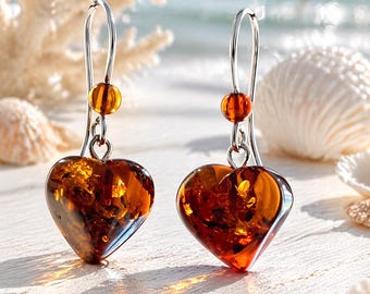 Handmade Baltic Amber Heart Earrings in 925 Sterling Silver ,  Elegant Summer Jewelry, Lightweight Romantic Gift