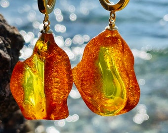 Raw large amber earrings, Unique amber earrings , Natural beauty of amber, Best amber earrings