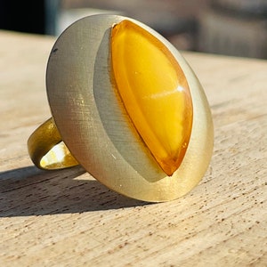 Anel âmbar luxuoso, anel de ouro, anel de olho âmbar, anel âmbar exclusivo, anel âmbar de paisagem incrível, anel âmbar grande feito à mão, tamanho ajustável
