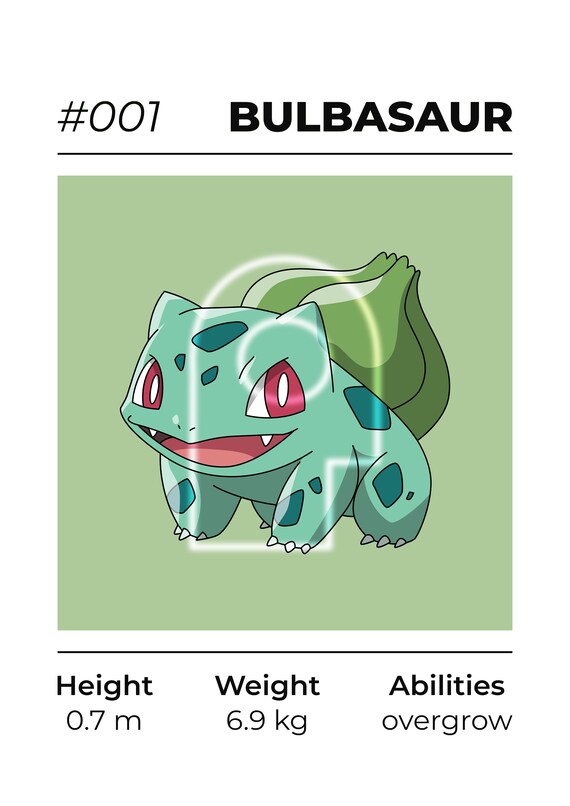 Bulbasaur Gen 1 Pokemon PDF Digital Download Art Poster Etsy