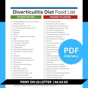 May include: A printable checklist with a blue and red header that lists foods to eat and foods to avoid for a diverticulitis diet. The list includes foods like cooked vegetables, broth-based soups, skinless chicken, and plain pasta. Foods to avoid include seeds, nuts, whole grains, raw vegetables, corn, and berries.