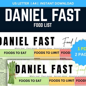 May include: A digital download titled "Daniel Fast Food List" with a navy blue header. The document includes lists of foods to eat, limit, and avoid, with a bundle of asparagus. The document is available in US Letter and A4 sizes.