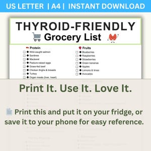 Puede incluir: Una "Lista de compras para la tiroides" imprimible con secciones de proteínas y frutas. La lista incluye elementos como salmón, sardinas, arándanos y fresas. También se muestra el texto "Print It. Use It. Love It."