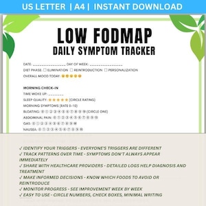 LOW FODMAP Daily Symptom Tracker, IBS Symptom Journal, Food & Symptom Diary, Digestive Health Log