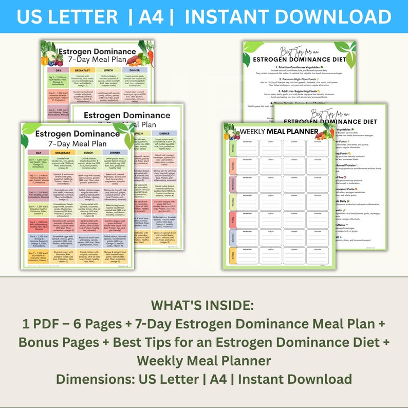 May include: A collection of printable digital documents for an Estrogen Dominance diet, including a 7-Day Meal Plan, tips, and a weekly meal planner. The documents are labeled "US Letter | A4 | Instant Download". The documents are in color and feature a variety of fruits and vegetables.