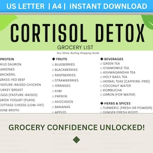 May include: A green and white grocery list titled "Cortisol Detox" with categories for protein, fruits, beverages, and herbs & spices. The list includes items like wild salmon, blueberries, and green tea. The text "Grocery Confidence Unlocked!" is at the bottom.